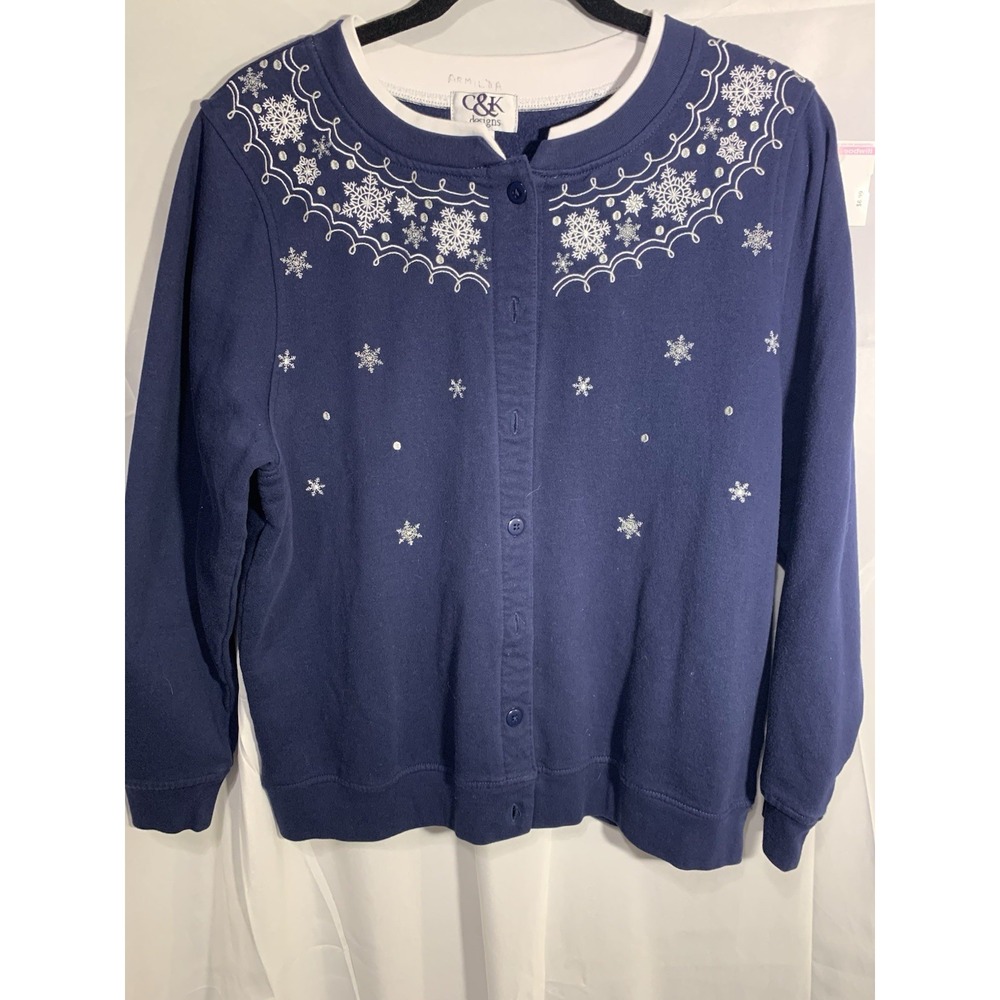 C&K DESIGNES CRYSTAL KOBE WHITE BLUE SNOWFLAKE‎ SWEATER M